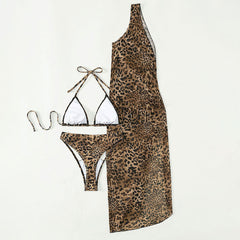 Asymmetrical Leopard Cover Up Thong Triangle Brazilian Three Piece Bikini