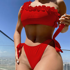 Asymmetrical Tie Side Ruffle One Shoulder Brazilian Two Piece Bikini