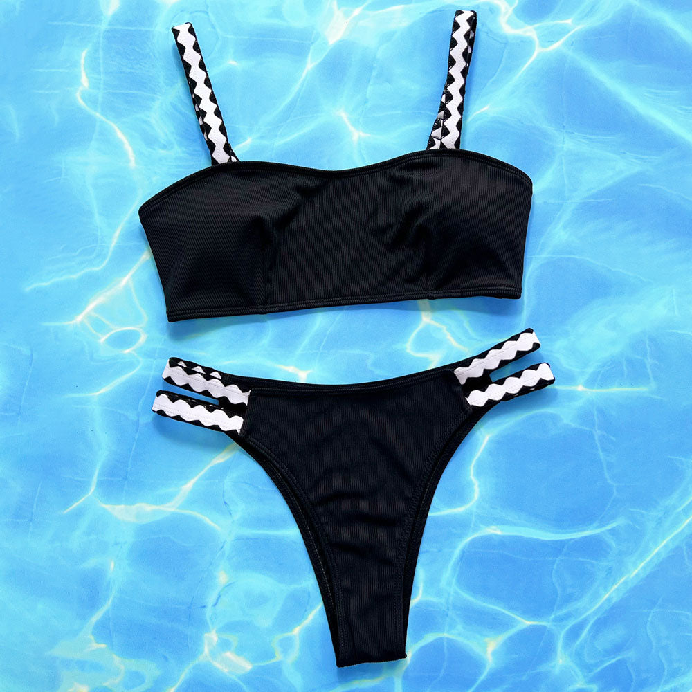 Athletic Crochet Trim High Leg Cheeky Rib Knit Brazilian Two Piece Bikini