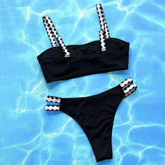 Athletic Crochet Trim High Leg Cheeky Rib Knit Brazilian Two Piece Bikini