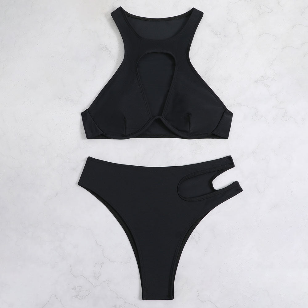 Athletic Cutout Cheeky High Neck Underwire Brazilian Two Piece Bikini