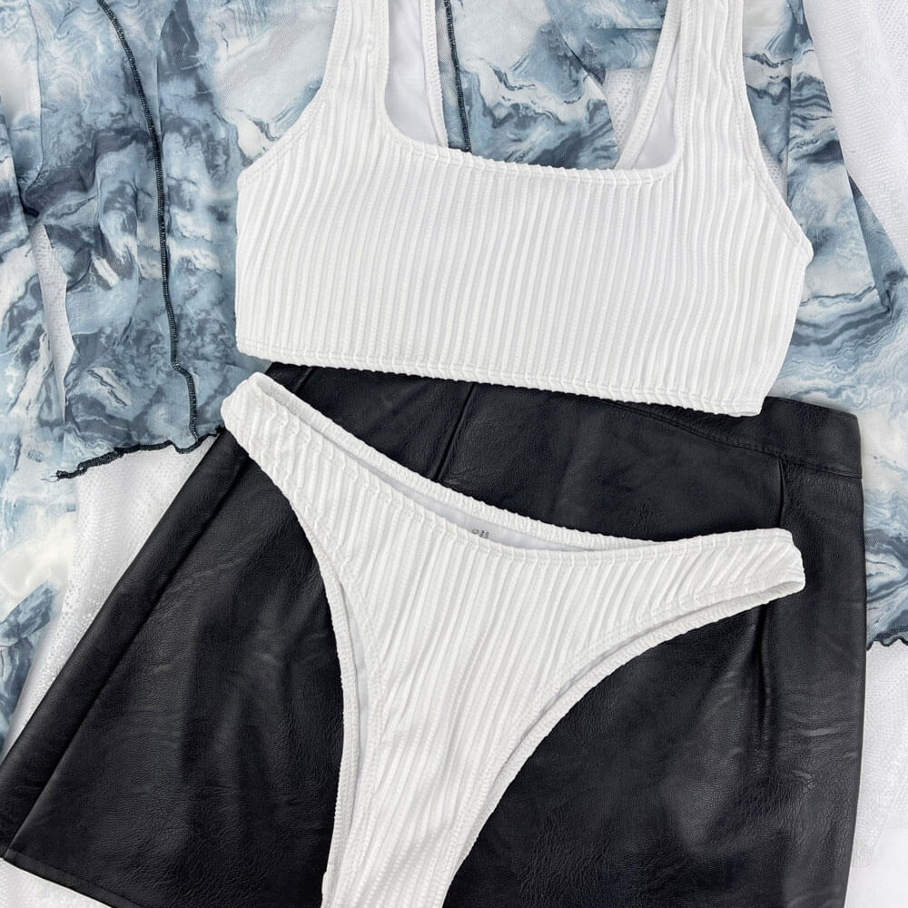 Athletic High Cut Cheeky Rib Knit Bralette Brazilian Two Piece Bikini