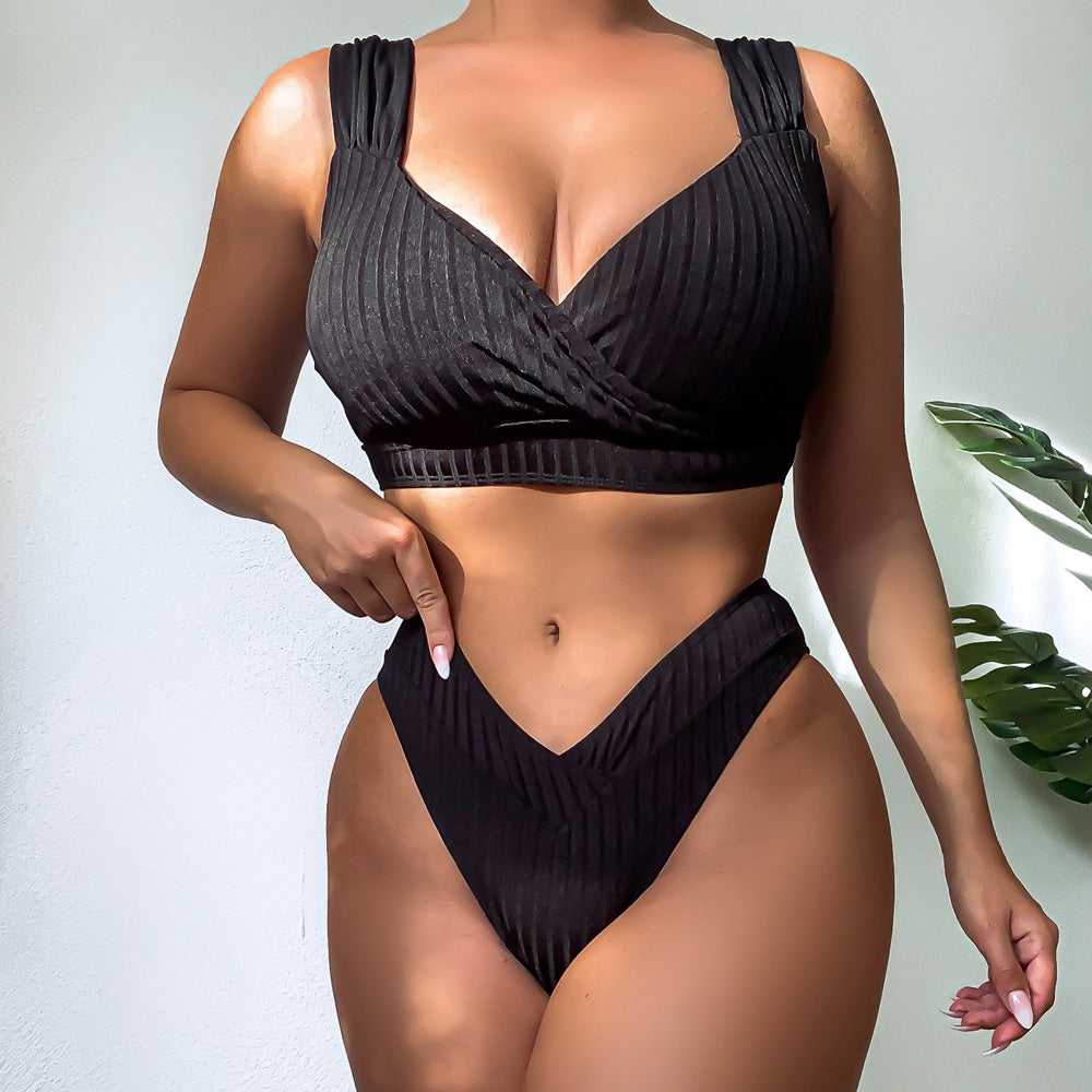 Athletic High Cut Wrap Front Rib Bralette Brazilian Two Piece Bikini