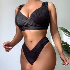 Athletic High Cut Wrap Front Rib Bralette Brazilian Two Piece Bikini