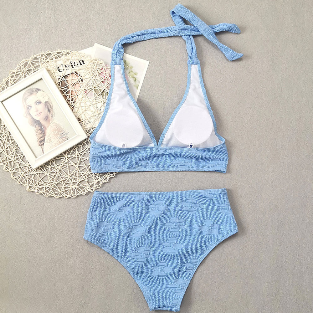 Athletic Mid Waist Floral Shirred Halter Brazilian Two Piece Bikini