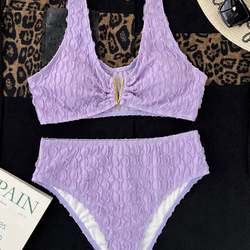 Athletic Petal Effect High Waist V Wire Bralette Brazilian Two Piece Bikini