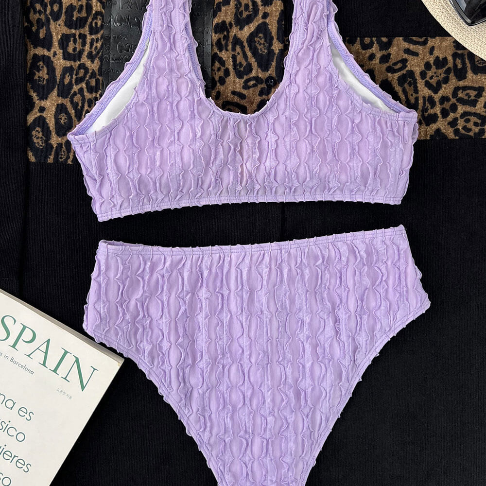 Athletic Petal Effect High Waist V Wire Bralette Brazilian Two Piece Bikini