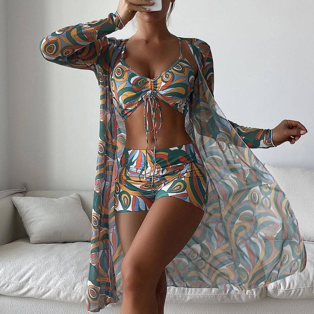 Athletic Printed Boy Short Bralette Brazilian Three Piece Bikini