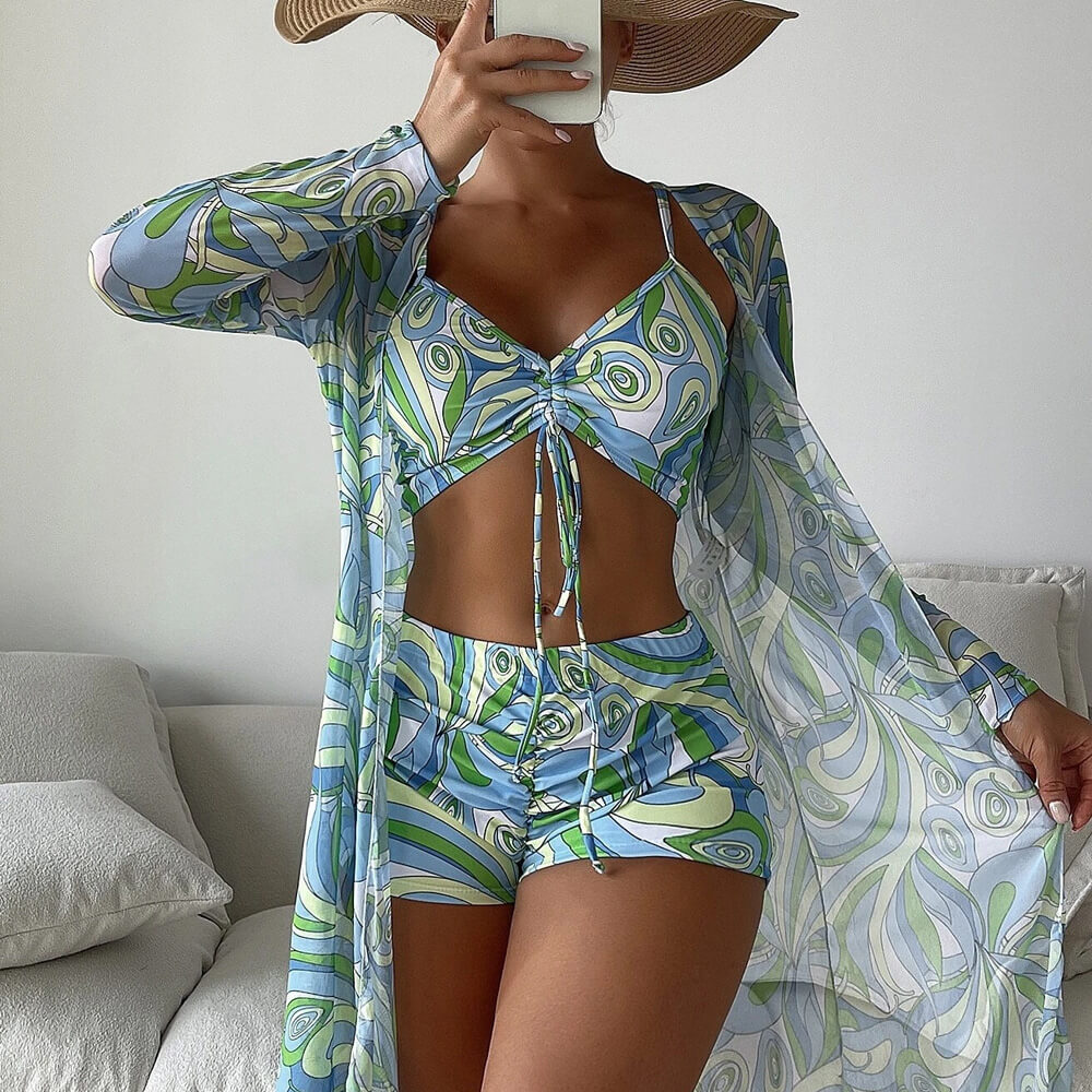 Athletic Printed Boy Short Bralette Brazilian Three Piece Bikini