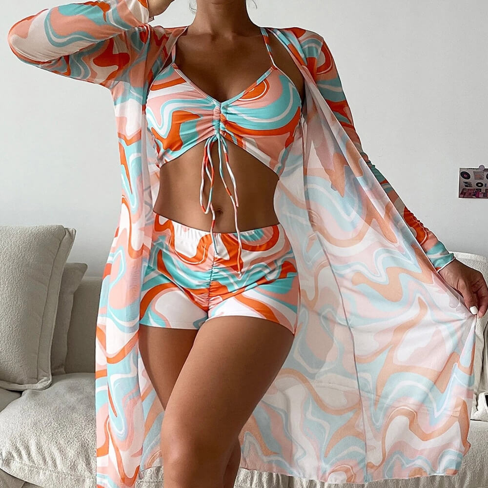 Athletic Printed Boy Short Bralette Brazilian Three Piece Bikini