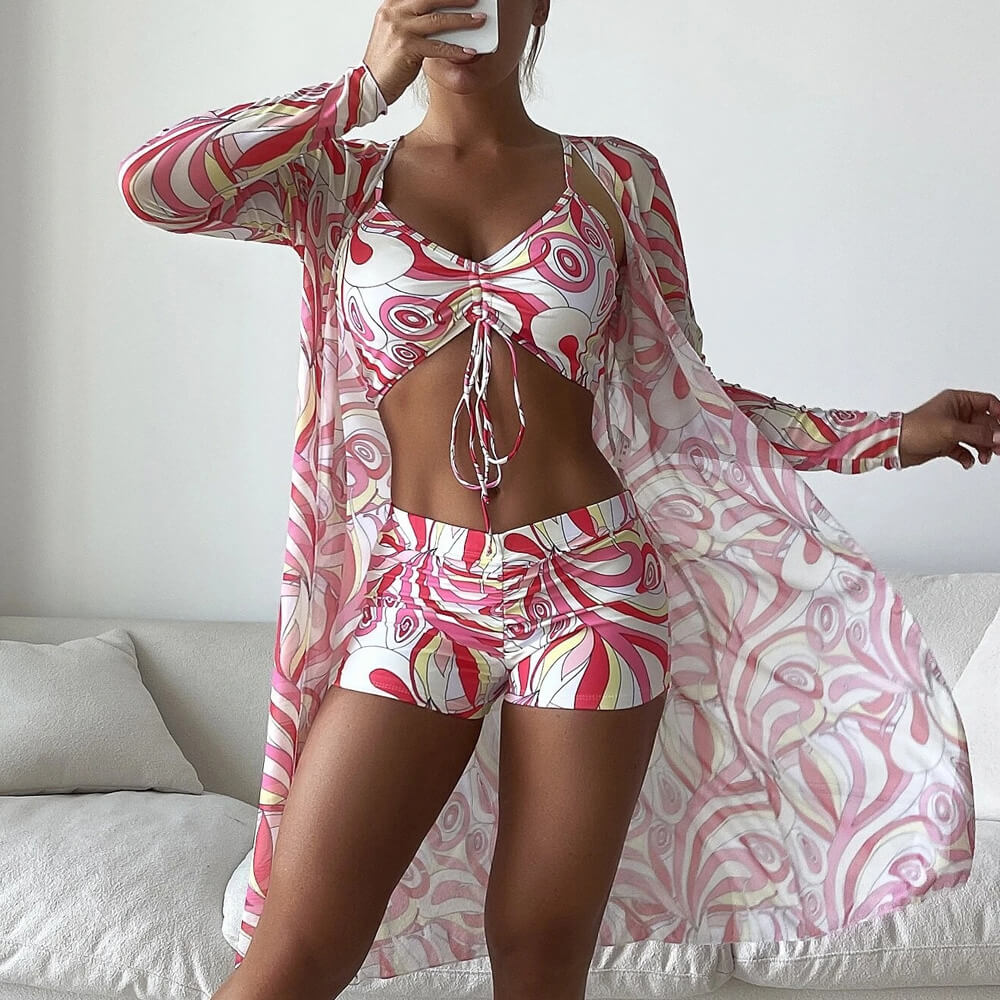 Athletic Printed Boy Short Bralette Brazilian Three Piece Bikini