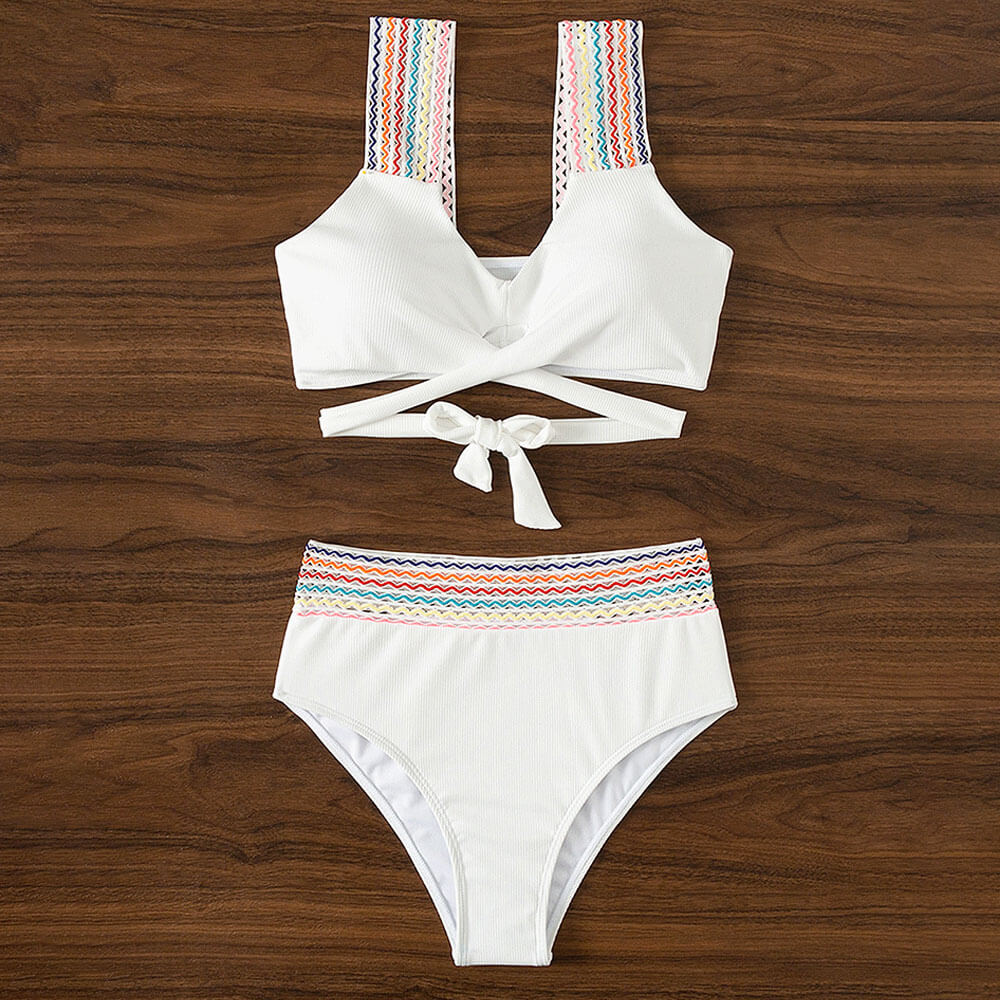 Athletic Rainbow High Waist Rib Knit Twist Front Brazilian Two Piece Bikini