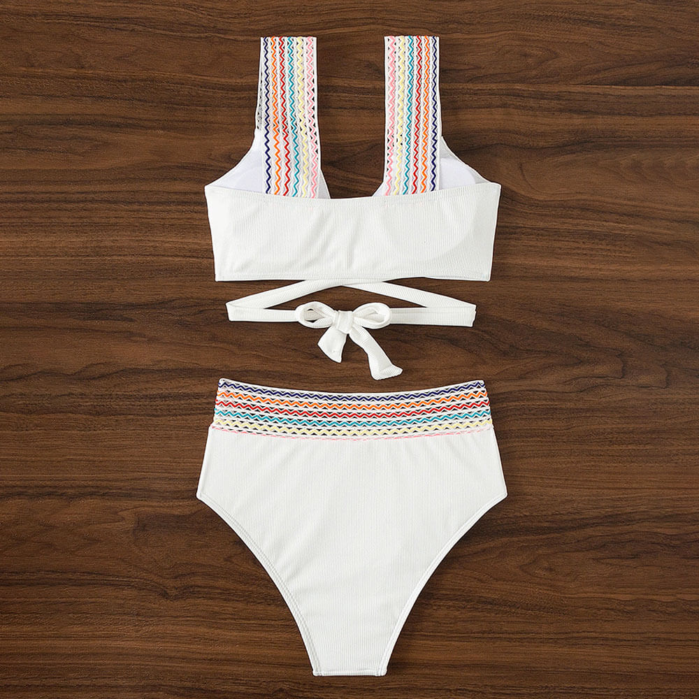 Athletic Rainbow High Waist Rib Knit Twist Front Brazilian Two Piece Bikini