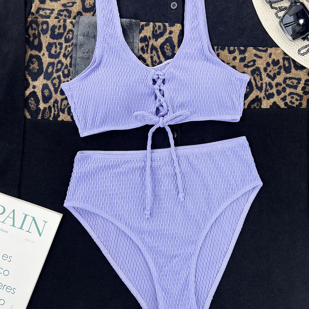 Athletic Striped Textured High Waist Lace Up Bralette Brazilian Two Piece Bikini