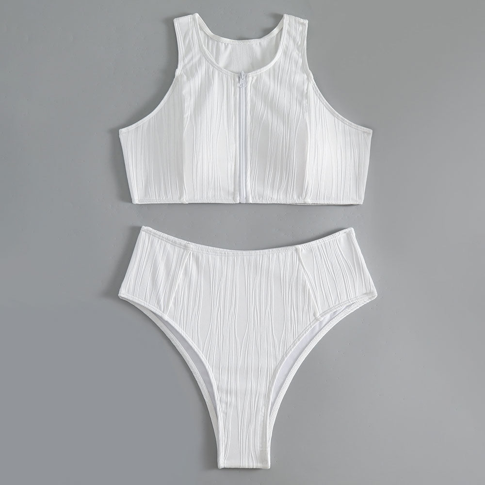 Athletic Textured Wavy High Waist Zip Up Brazilian Two Piece Bikini