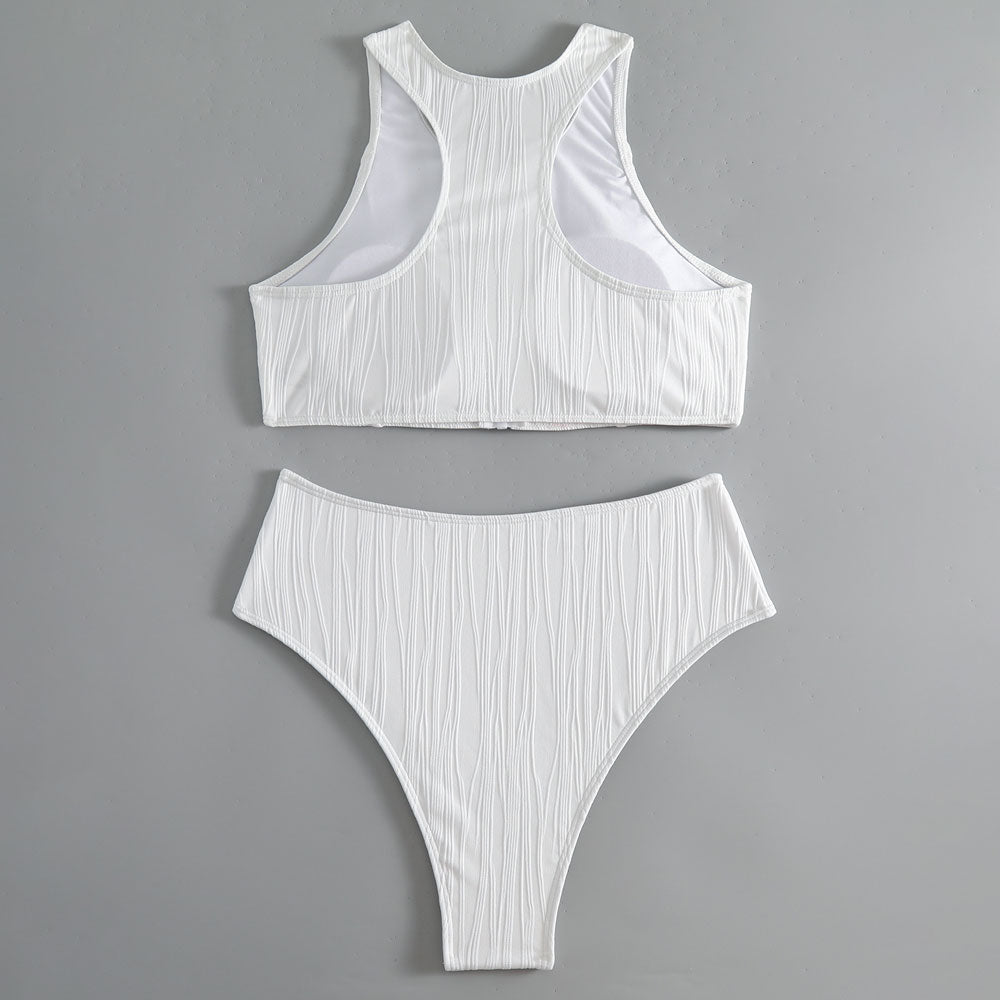 Athletic Textured Wavy High Waist Zip Up Brazilian Two Piece Bikini
