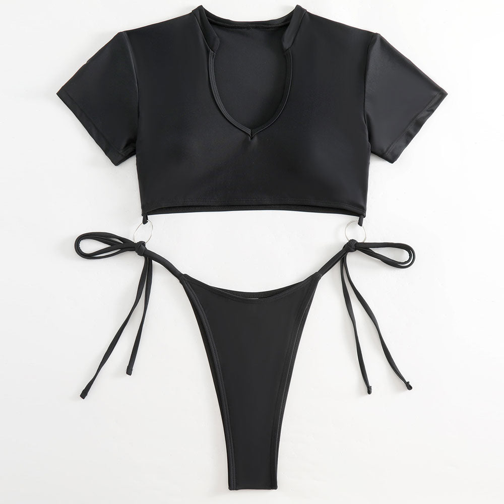 Athletic Tie String Cheeky Short Sleeve Crop Brazilian Two Piece Bikini