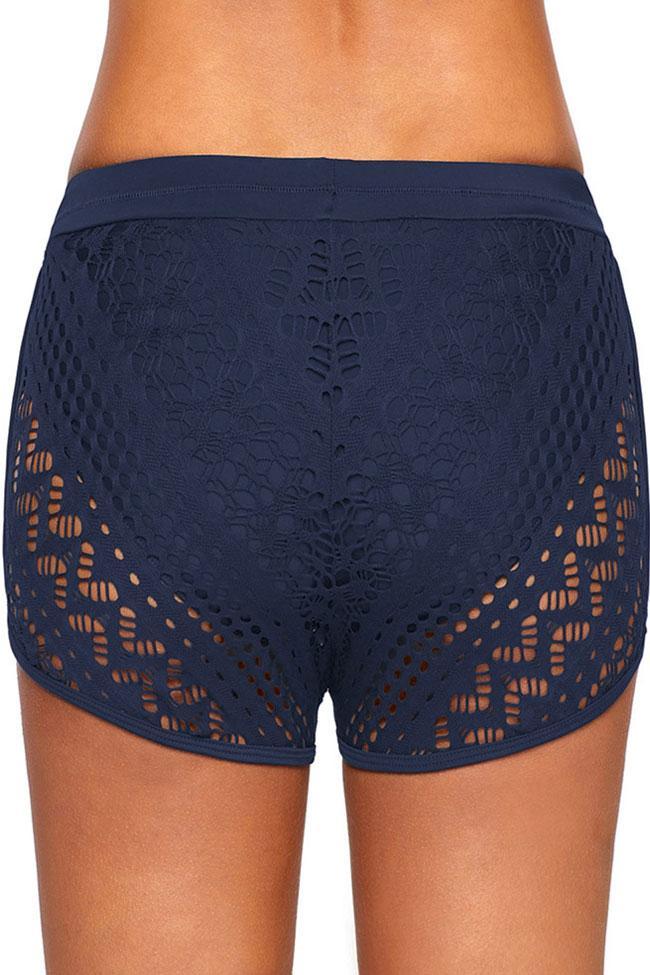 Tied Front Hollow Out Lace Overlay Boyshort Bikini Bottom