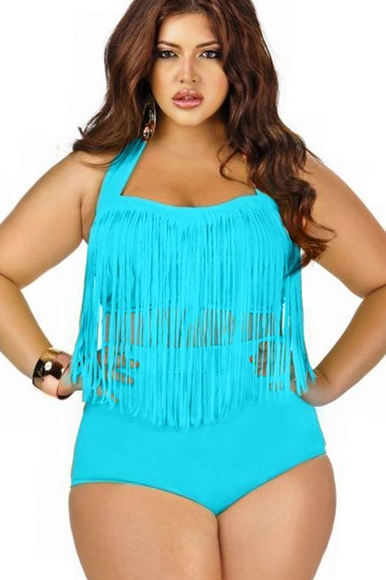 Plus Size Timeless Fringed Halter Bandeau Bikini - Two Piece Swimsuit