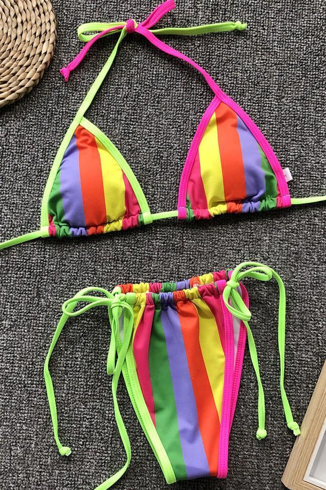 Rainbow Striped Strappy Slide Triangle Bikini - Two Piece Swimsuit