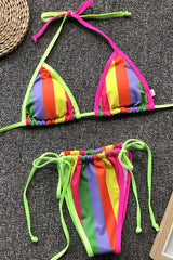 Rainbow Striped Strappy Slide Triangle Bikini - Two Piece Swimsuit