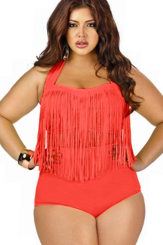 Plus Size Timeless Fringed Halter Bandeau Bikini - Two Piece Swimsuit