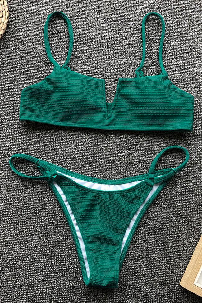 Ribbed Notch Front Bandeau Bikini - Two Piece Set