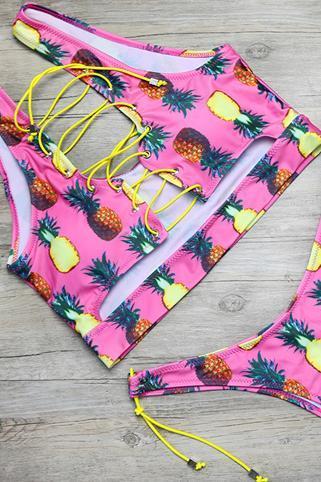 Pink Strappy Pineapple Print Side Tie High Cut Cheeky Two Piece Swimsuit