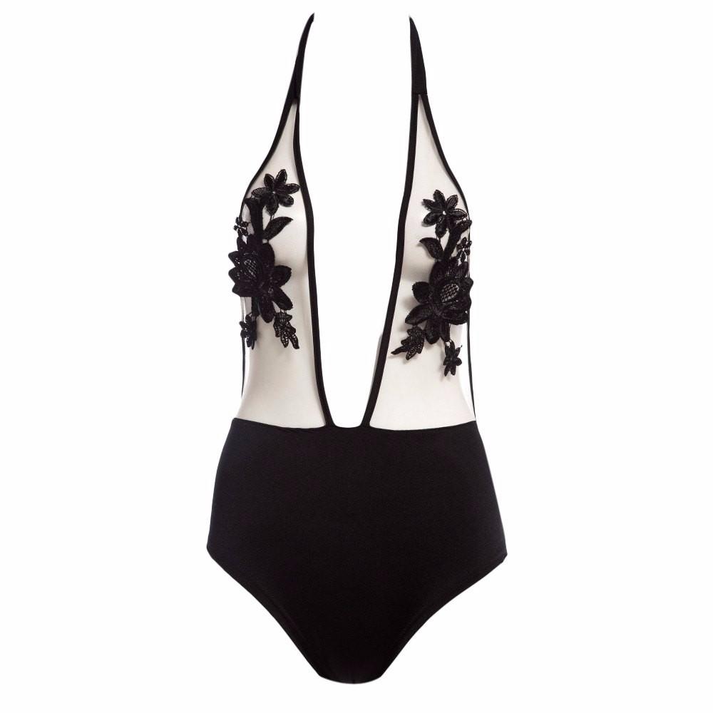 Black Halter Hollow Out Floral Lace-up Sheer Mesh Lace Bathing Suit