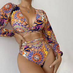 Baroque Print Cutout High Rise Wraparound Crop Brazilian Two Piece Bikini