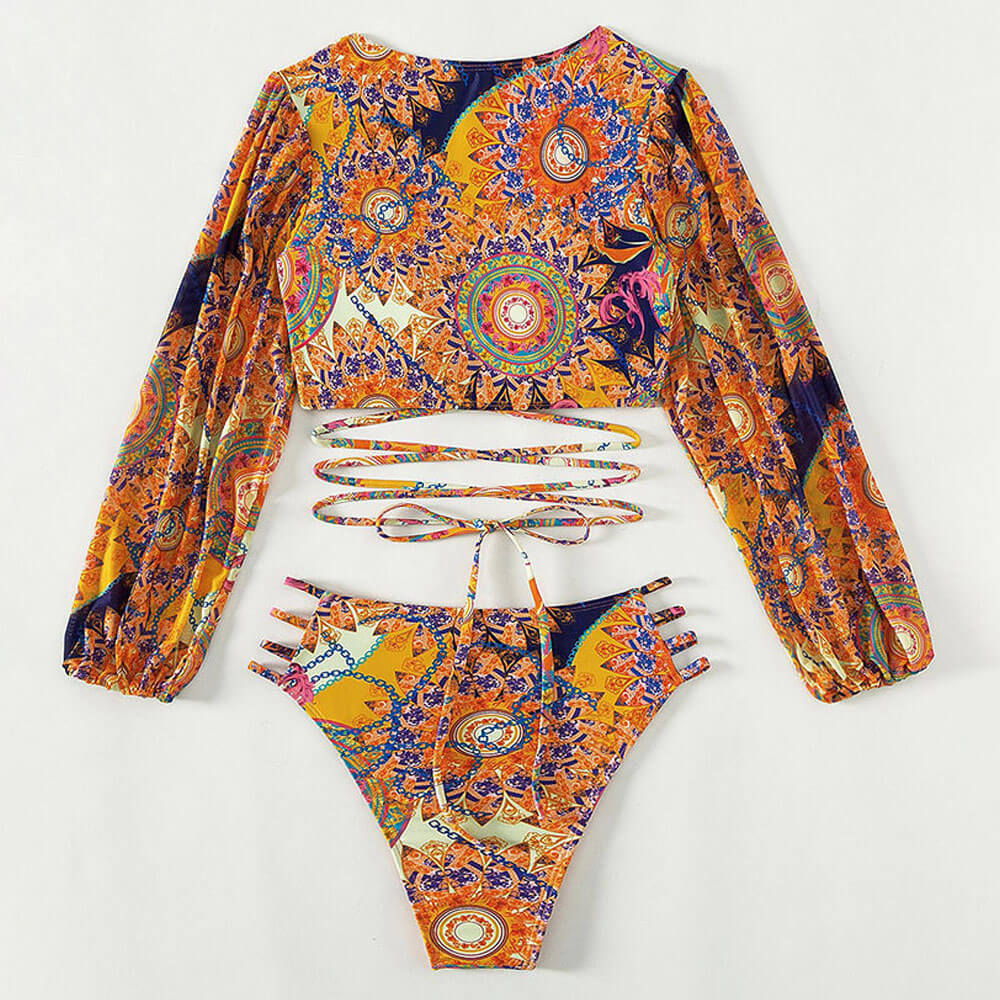 Baroque Print Cutout High Rise Wraparound Crop Brazilian Two Piece Bikini