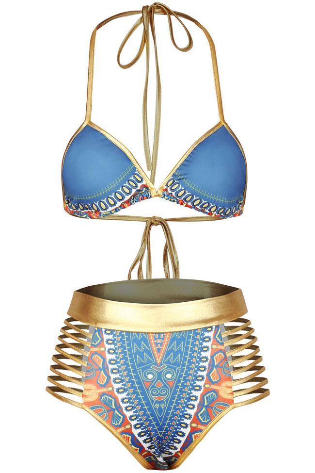 Metallic Strappy High Waist Slide Triangle Bikini - Two Piece Set