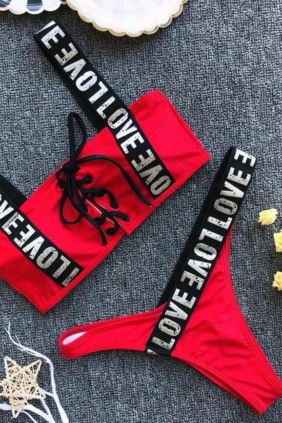 High Leg Metallic Letter Strap Lace Up Bikini - Two Piece Set