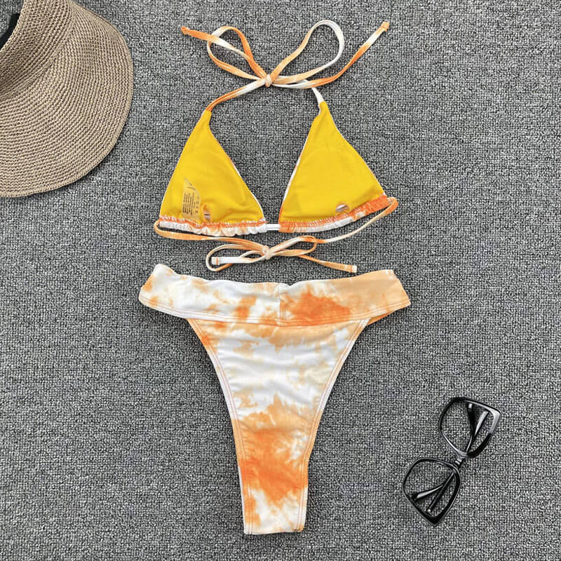 Bicolor Tie Dye High Cut Slide Triangle Brazilian Two Piece Bikini