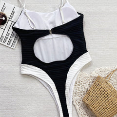 Black and White Ribbed Cutout Back High Leg Thong Brazilian One Piece Swimsuit