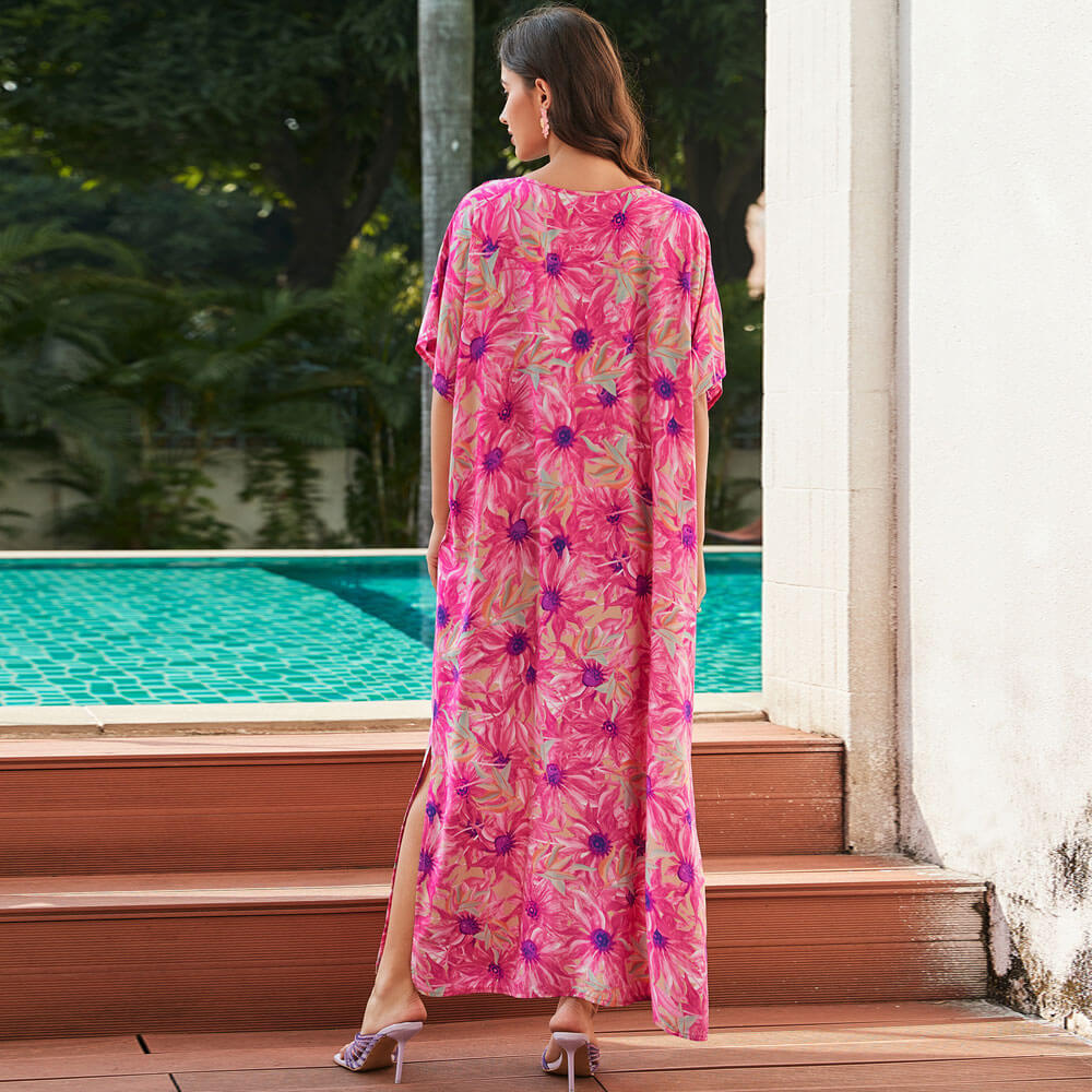 Bohemian Floral Printed Lace Up V Neck Split Caftan Beach Cover Up