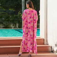 Bohemian Floral Printed Lace Up V Neck Split Caftan Beach Cover Up