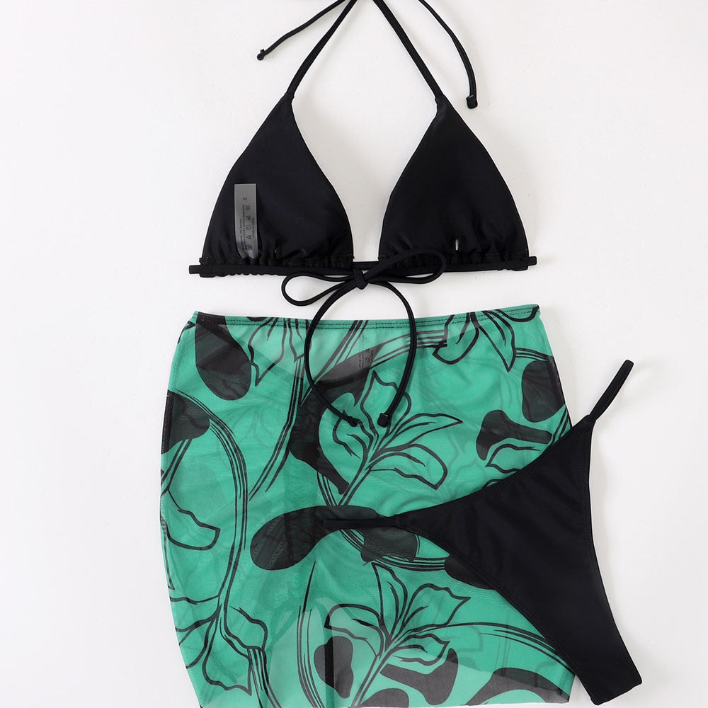 Boho Floral Cover Up String Slide Triangle Brazilian Three Piece Bikini