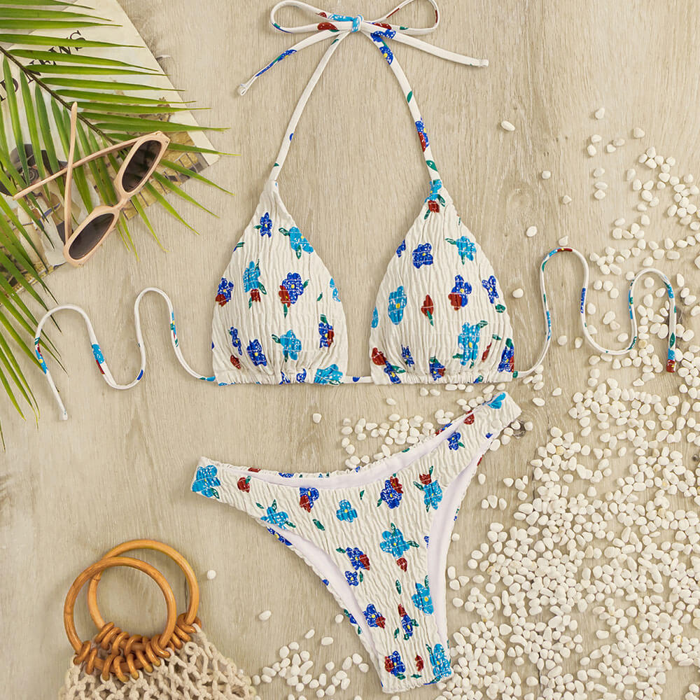 Boho Floral High Neck Cheeky Shirred Triangle Brazilian Two Piece Bikini