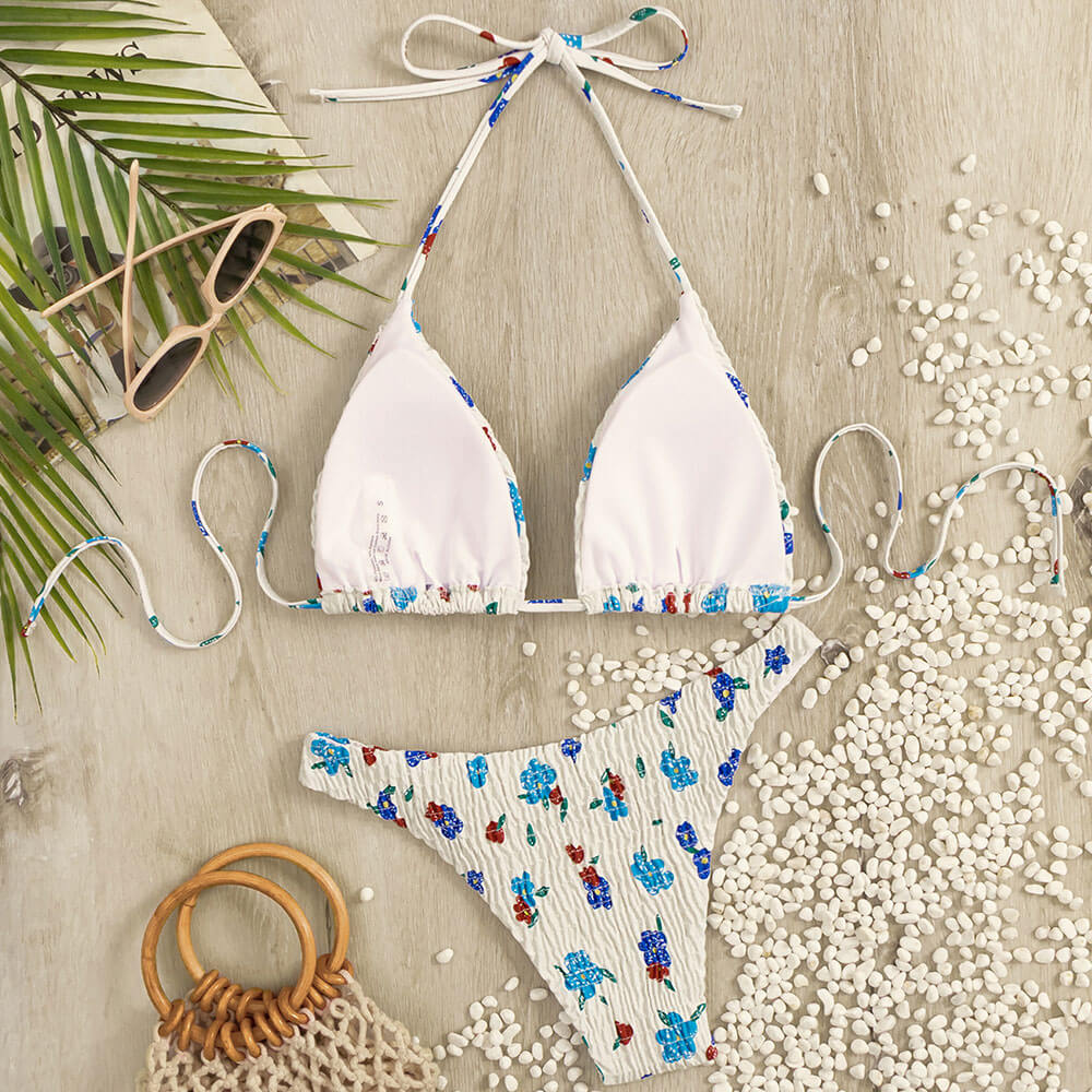 Boho Floral High Neck Cheeky Shirred Triangle Brazilian Two Piece Bikini