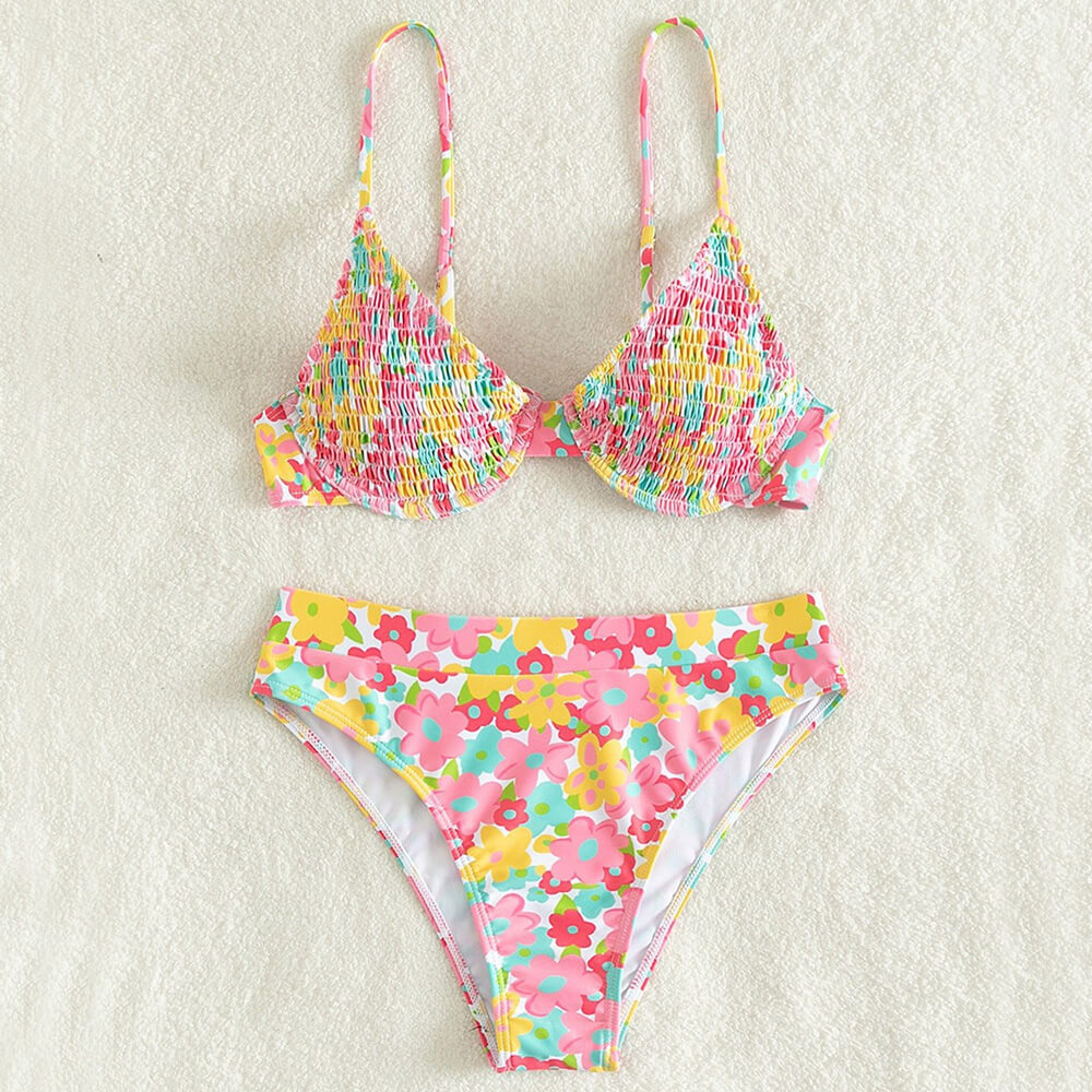 Boho Floral High Waist Shirred Underwire Brazilian Two Piece Bikini