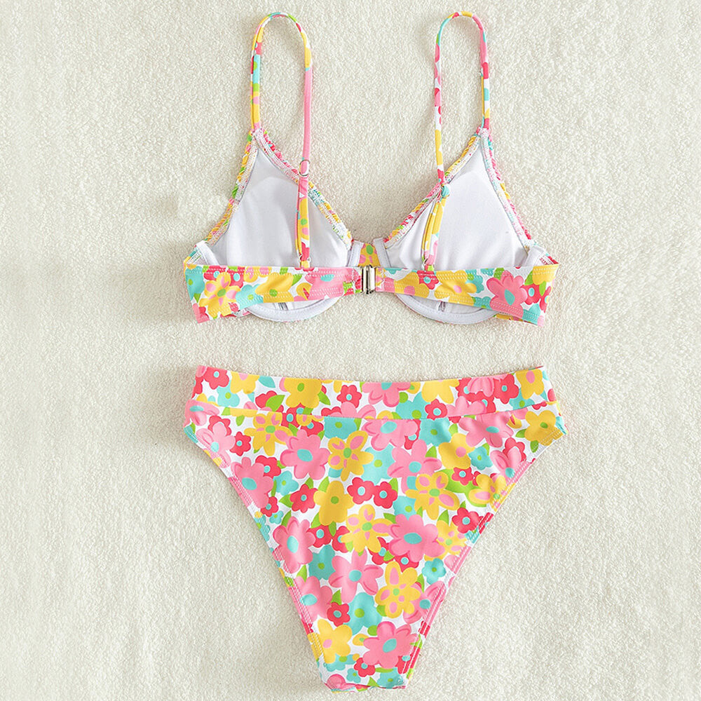 Boho Floral High Waist Shirred Underwire Brazilian Two Piece Bikini