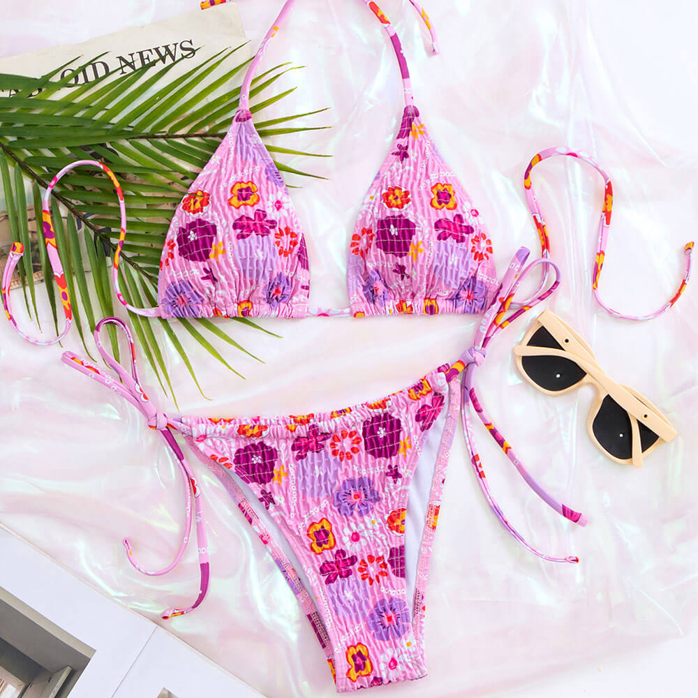 Boho Floral Tie Side Cheeky Popcorn Slide Triangle Brazilian Two Piece Bikini