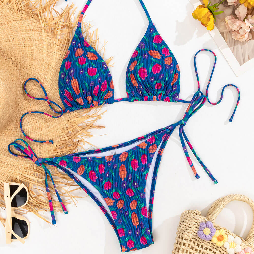 Boho Floral Tie String Cheeky Popcorn Triangle Brazilian Two Piece Bikini