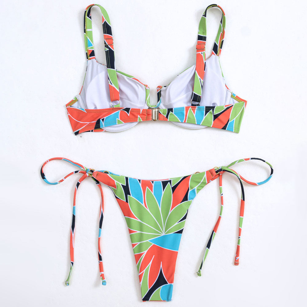 Boho Leaf Printed Tie Side Cheeky Notch Underwire Brazilian Two Piece Bikini