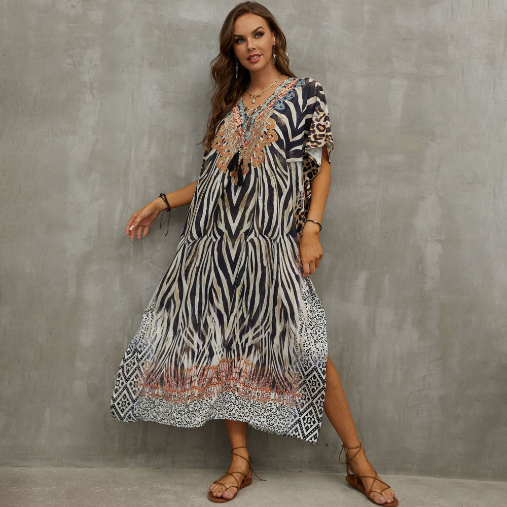 Boho Pattern Lace Up V Neck Short Sleeve Side Split Brazilian Beach Cover Up