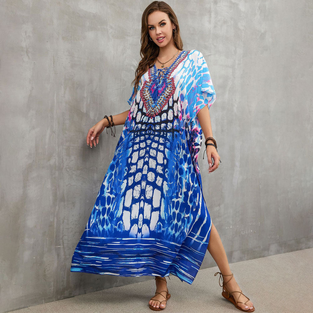 Boho Pattern Lace Up V Neck Short Sleeve Side Split Brazilian Beach Cover Up