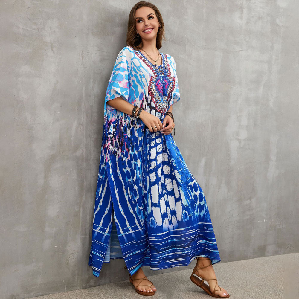 Boho Pattern Lace Up V Neck Short Sleeve Side Split Brazilian Beach Cover Up