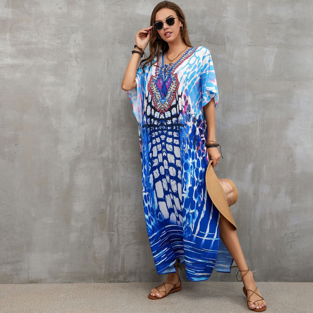 Boho Pattern Lace Up V Neck Short Sleeve Side Split Brazilian Beach Cover Up