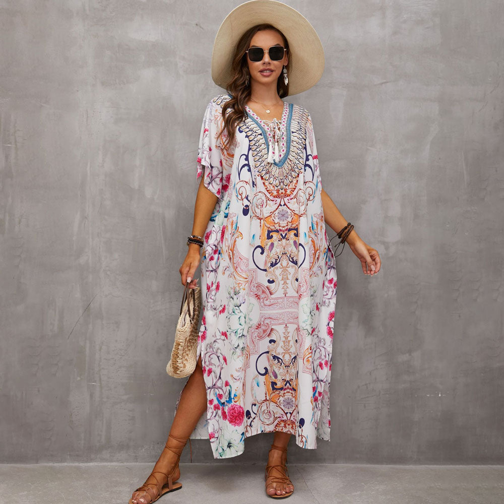 Boho Pattern Lace Up V Neck Short Sleeve Side Split Brazilian Beach Cover Up